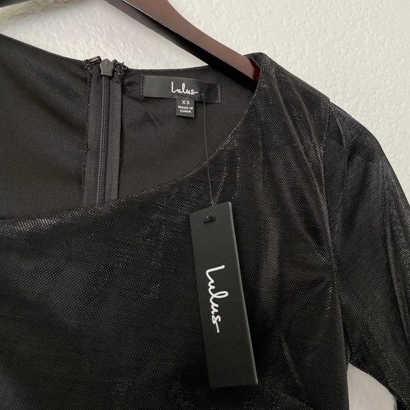 NWT LULU’S Black Metallic Cutout Long Sleeve Ruched Mini Dress X-Small - Picture 2 of 8